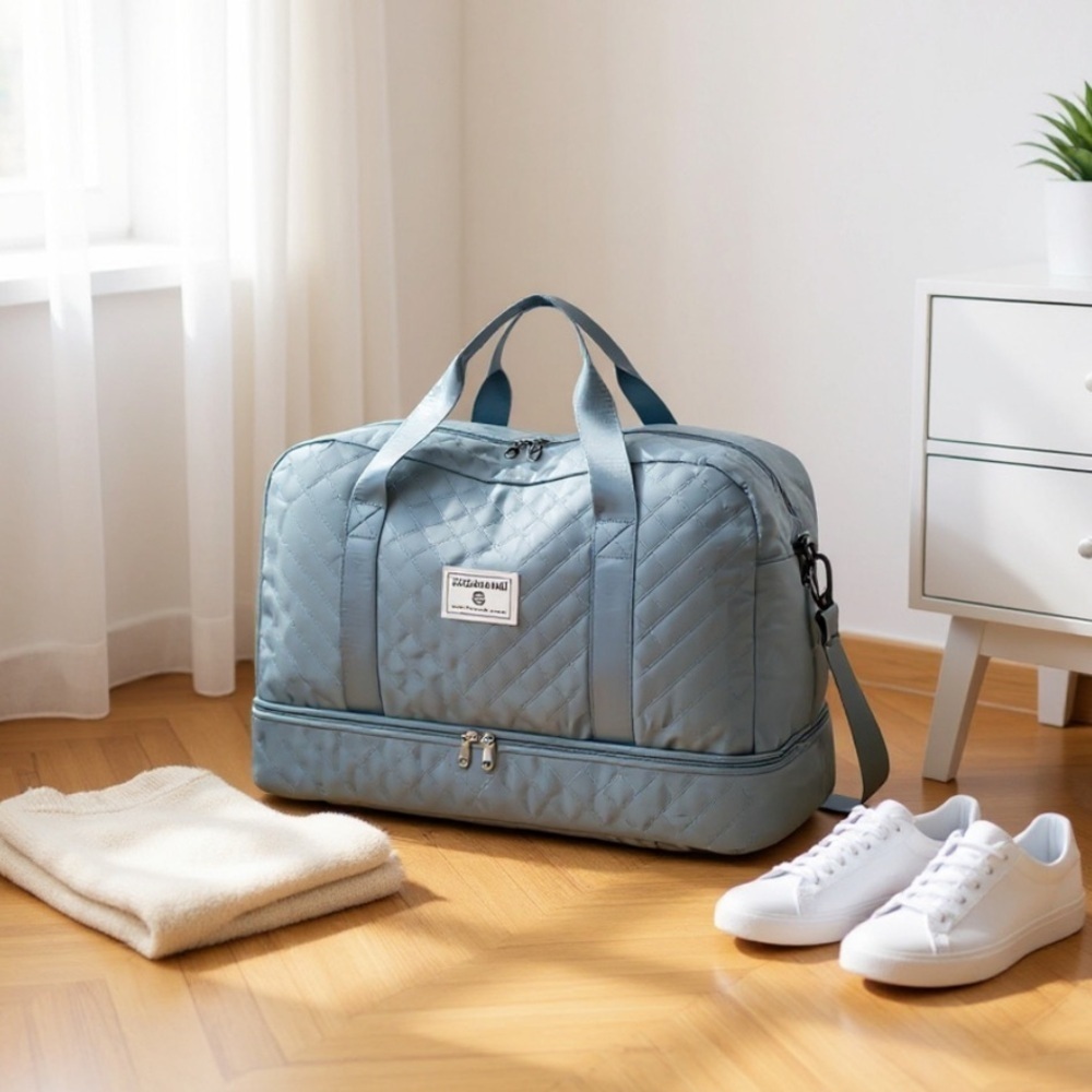 Light Blue Quilted Travel Duffel Bag with Bottom Compartment